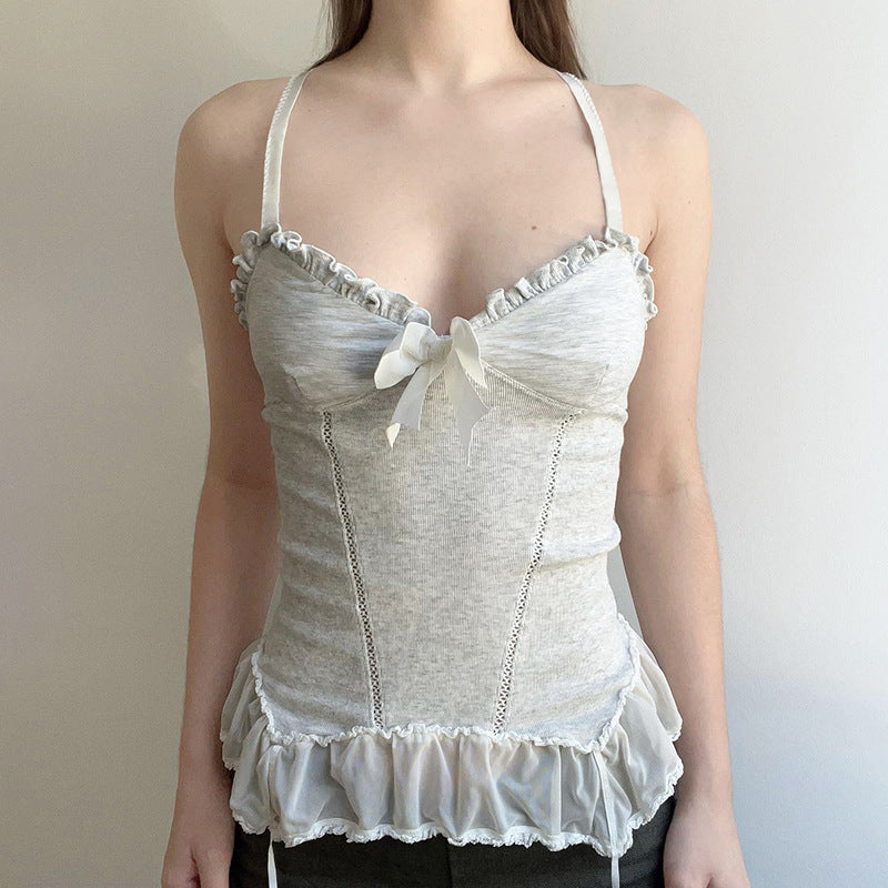 Coquette Milkmaid Bow Ruffle Lace Tank Top