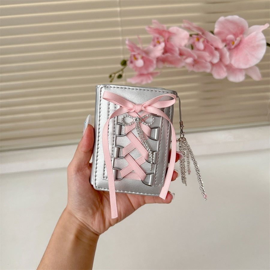 Ribbon Coquette Silver Trifold Wallet + Charm Chain