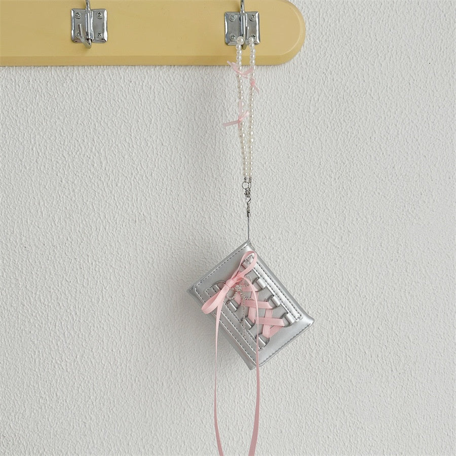 Ribbon Coquette Silver Trifold Wallet + Charm Chain