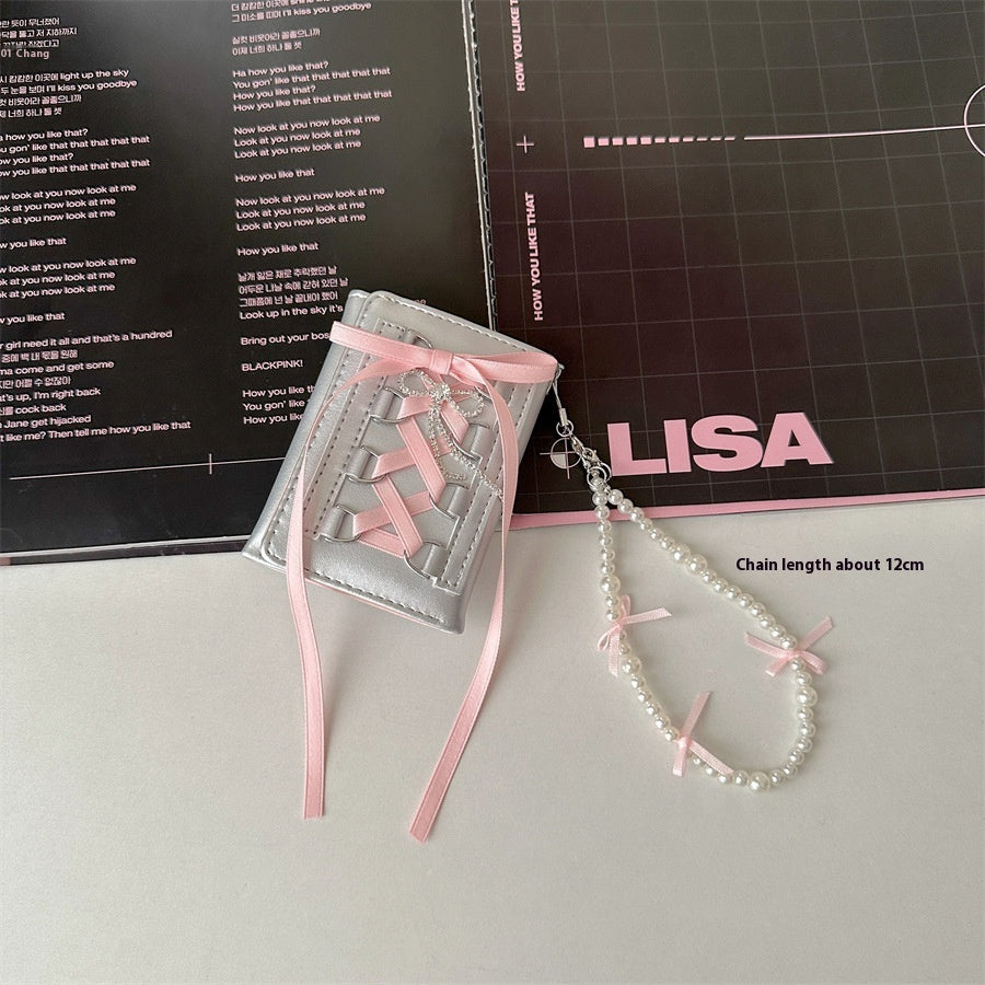 Ribbon Coquette Silver Trifold Wallet + Charm Chain