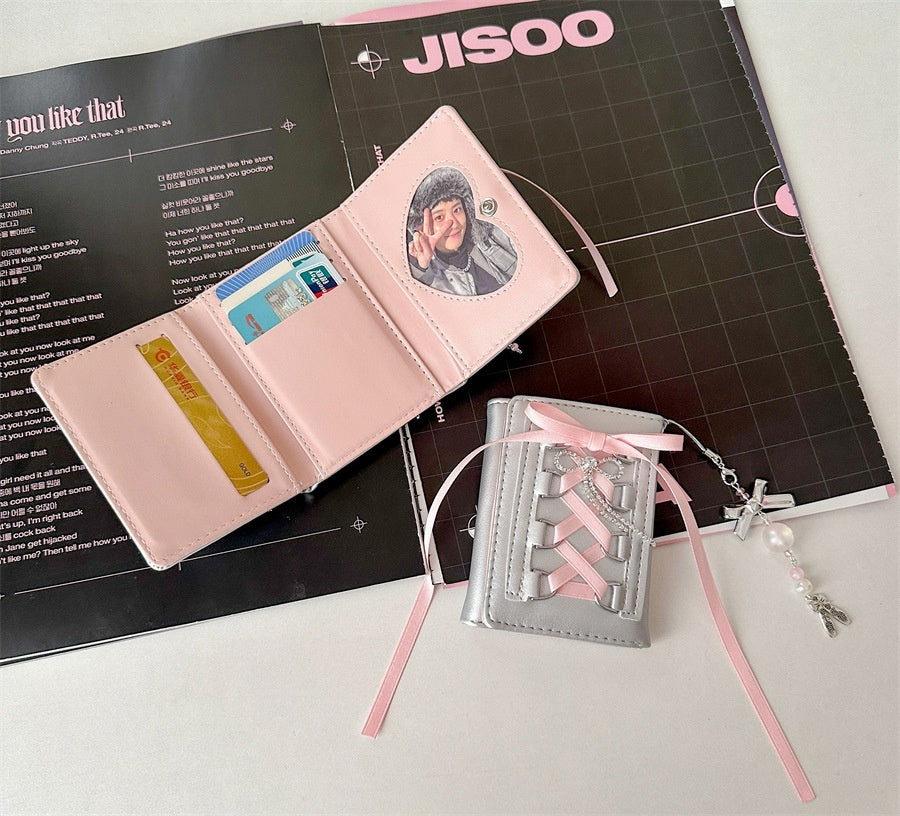 Ribbon Coquette Silver Trifold Wallet + Charm Chain