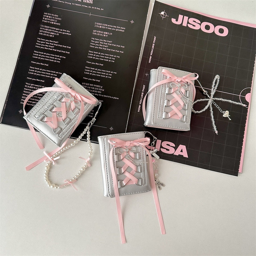 Ribbon Coquette Silver Trifold Wallet + Charm Chain