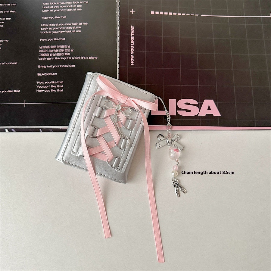 Ribbon Coquette Silver Trifold Wallet + Charm Chain