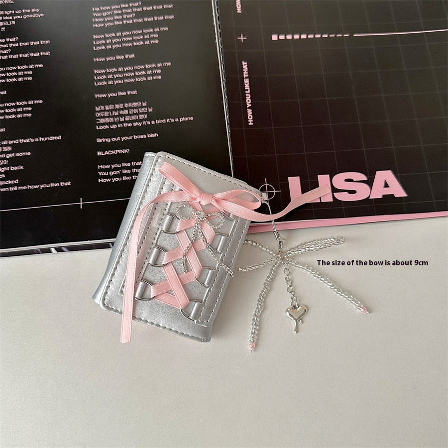Ribbon Coquette Silver Trifold Wallet + Charm Chain