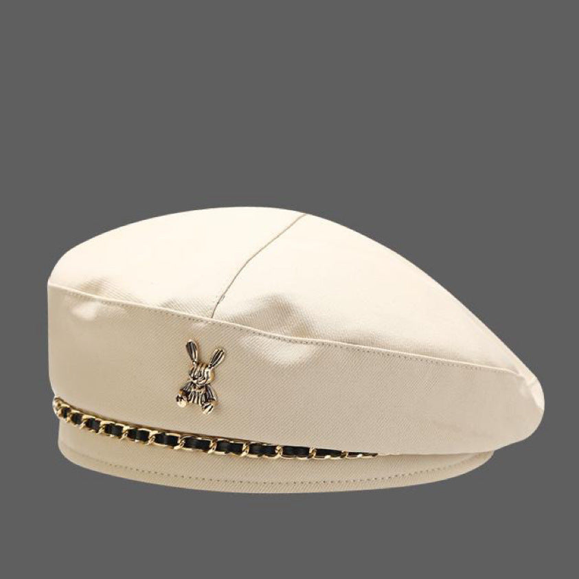 korean white bunny chain beret
