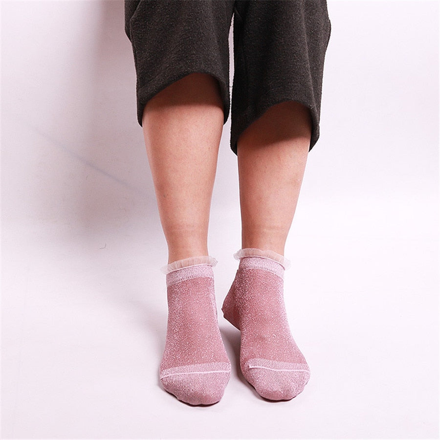 Glitter Mesh Ruffle Trim Ankle Socks