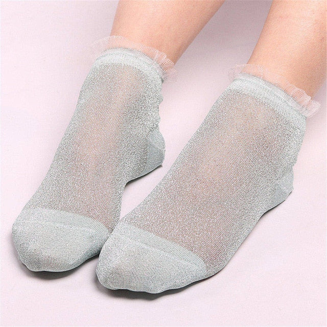 Glitter Mesh Ruffle Trim Ankle Socks