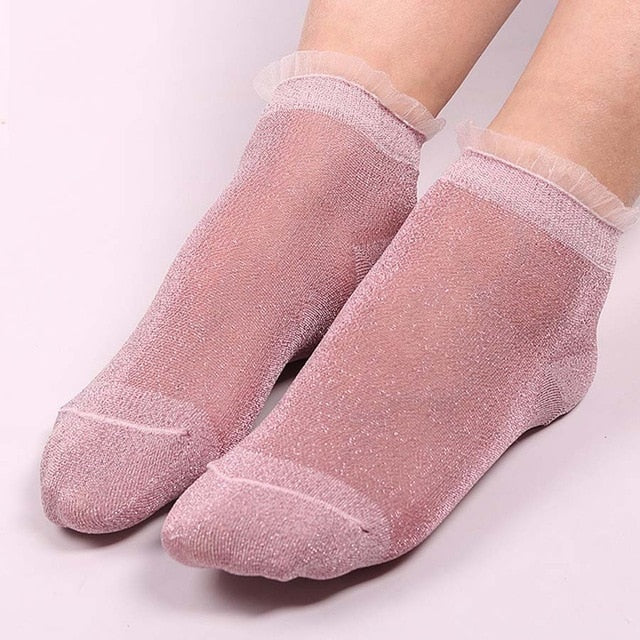 Glitter Mesh Ruffle Trim Ankle Socks