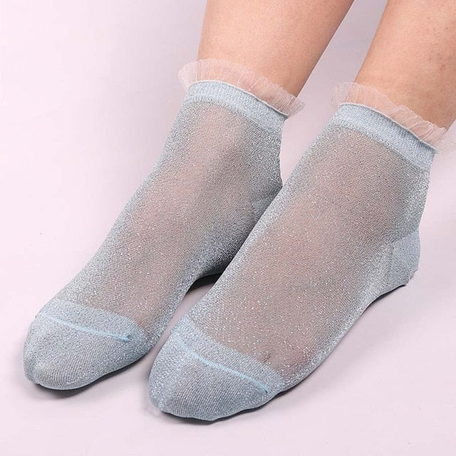 Glitter Mesh Ruffle Trim Ankle Socks