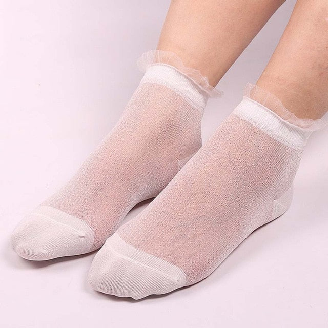 Glitter Mesh Ruffle Trim Ankle Socks