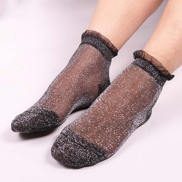 Glitter Mesh Ruffle Trim Ankle Socks