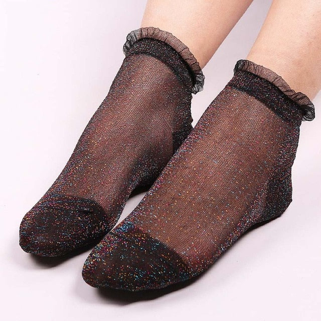 Glitter Mesh Ruffle Trim Ankle Socks