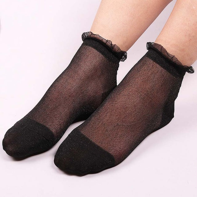 Glitter Mesh Ruffle Trim Ankle Socks