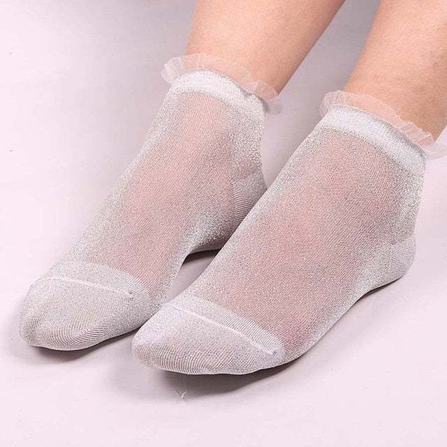 Glitter Mesh Ruffle Trim Ankle Socks