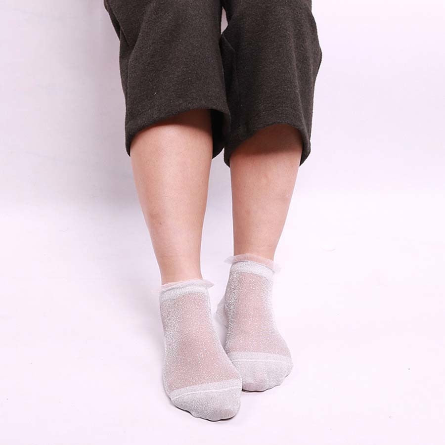 Glitter Mesh Ruffle Trim Ankle Socks
