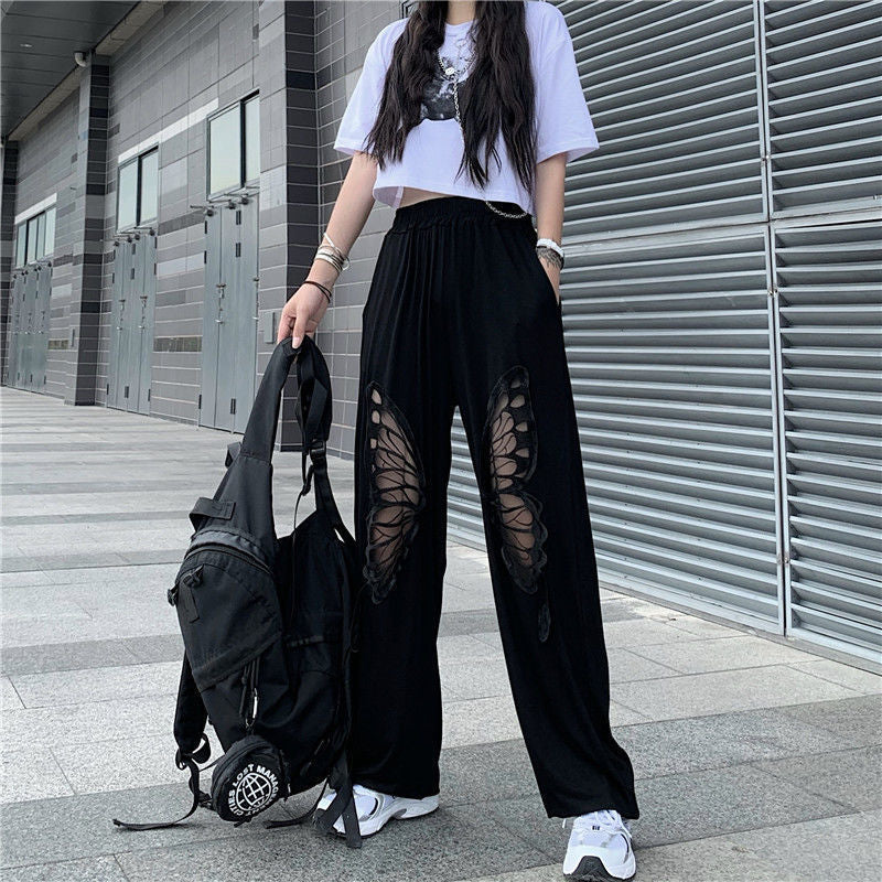 hollow black butterfly cutout pants
