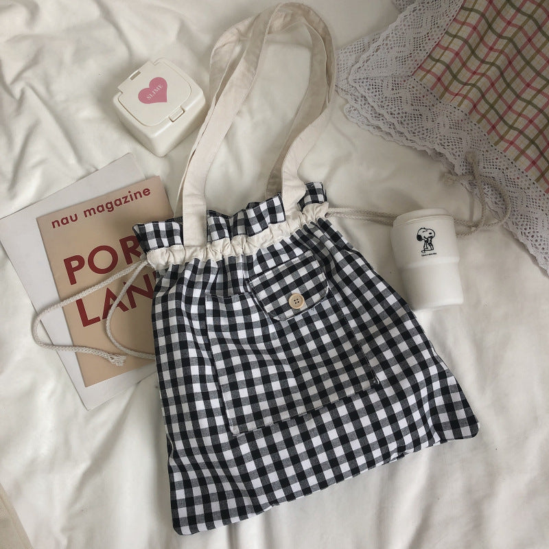 korean style gingham drawstring canvas tote bag