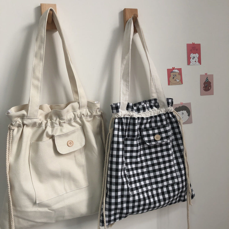 korean style gingham drawstring canvas tote bag