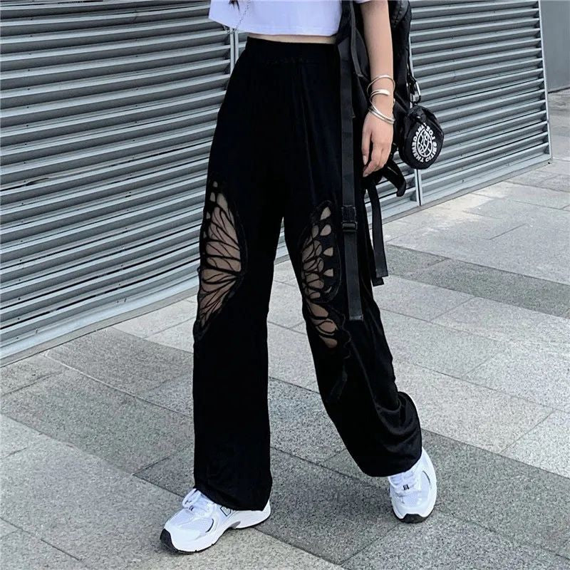 hollow black butterfly cutout pants