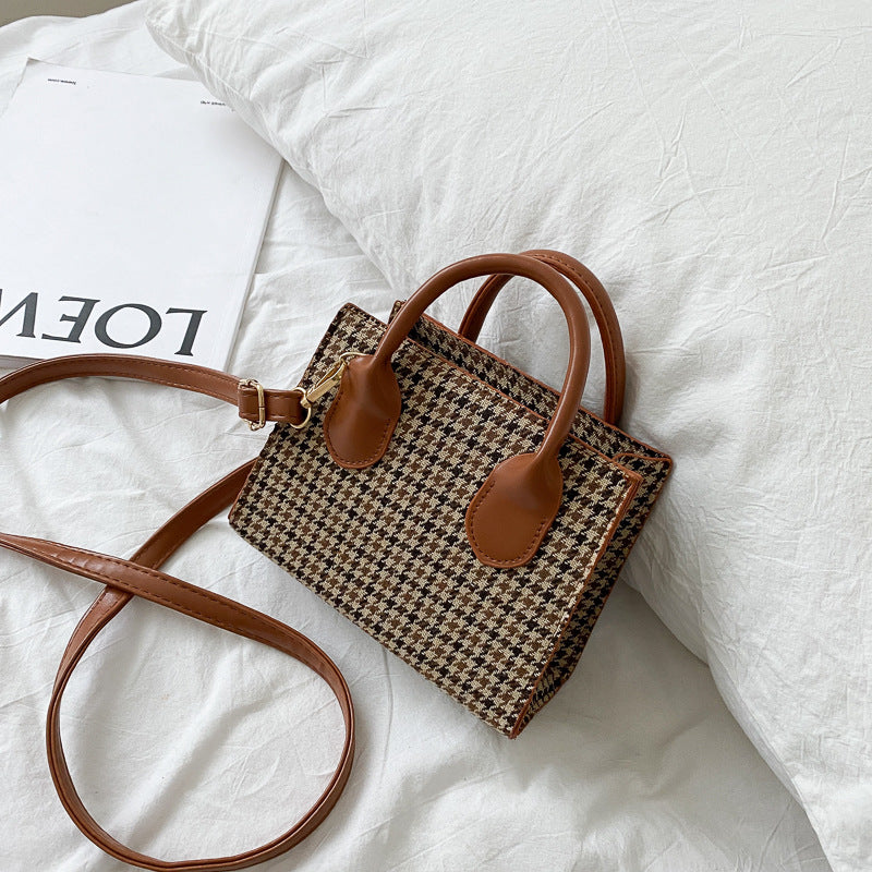 brown mini korean plaid crossbody shoulder bag