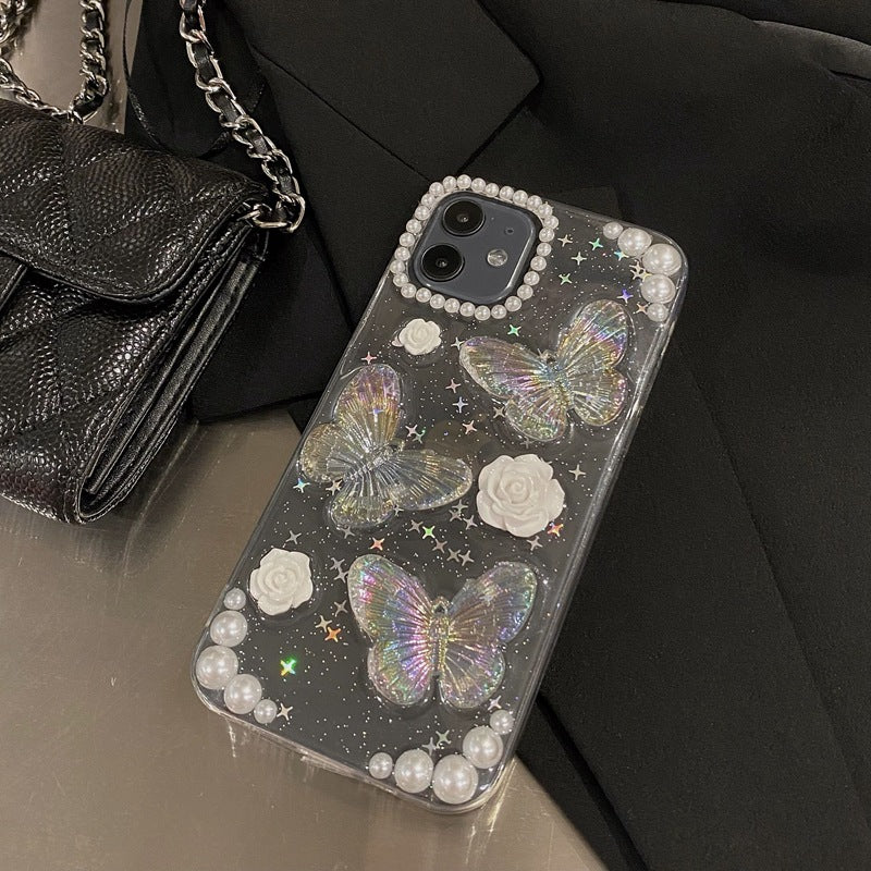 Clear iPhone case with kawaii sparkles cute iridescent 3D butterflies white rose charms pearl embellishments