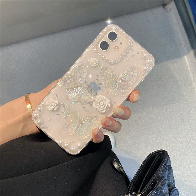 Clear iPhone case with kawaii sparkles cute iridescent 3D butterflies white rose charms pearl embellishments