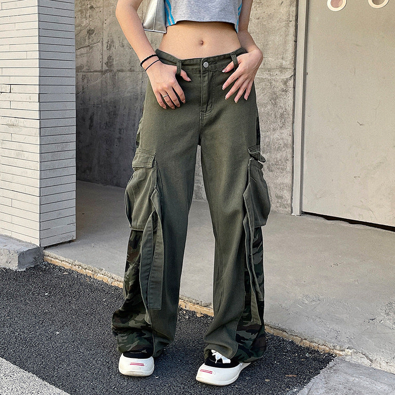 green y2k low waisted baggy camo cargo pants