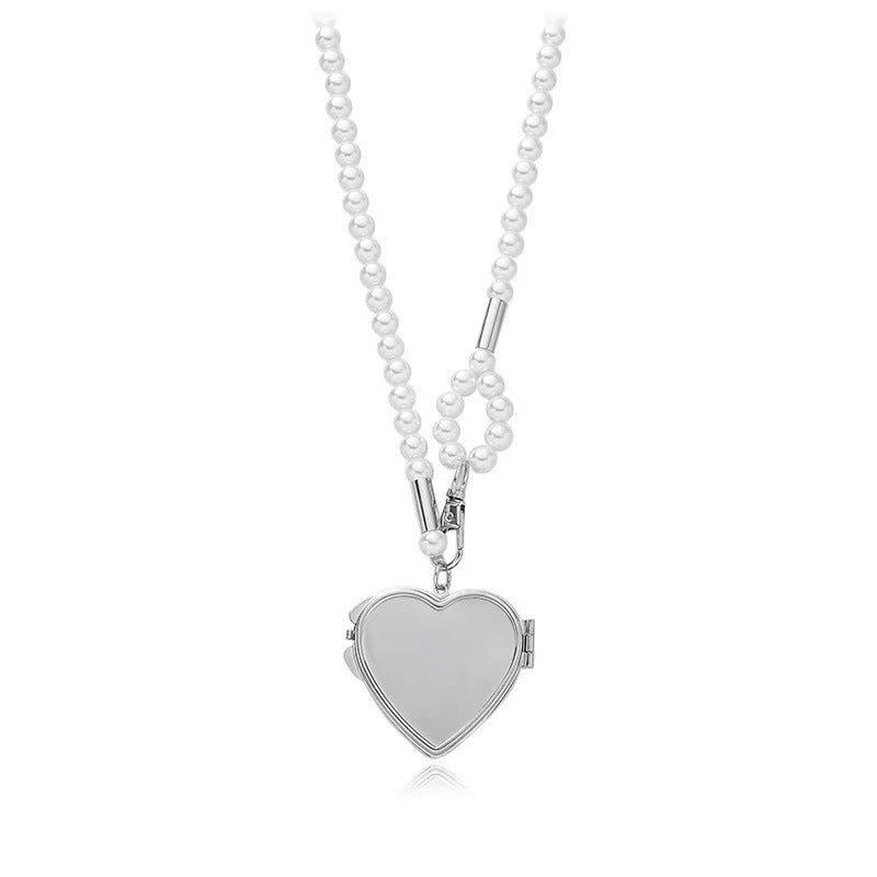 silver heart mirror with pearl chain
