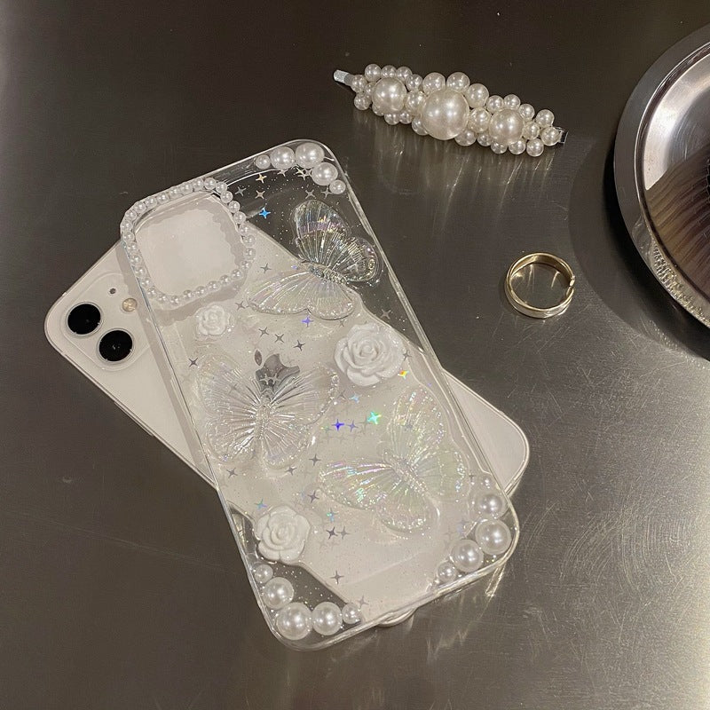 Clear iPhone case with kawaii sparkles cute iridescent 3D butterflies white rose charms pearl embellishments