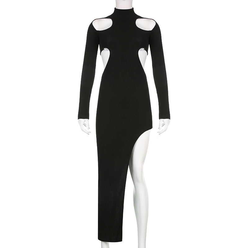 Classy black asymmetrical bodycon maxi dress turtleneck with cut out