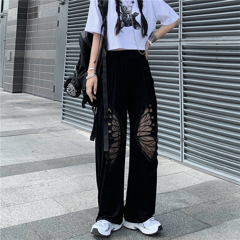 hollow black butterfly cutout pants