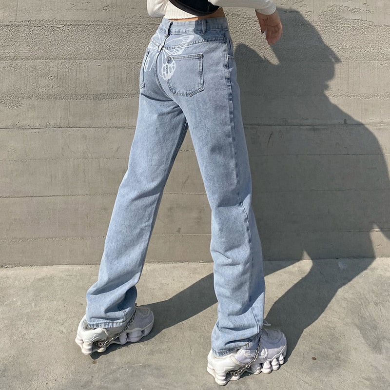 90s y2k light blue butterfly tattoo baggy denim jeans