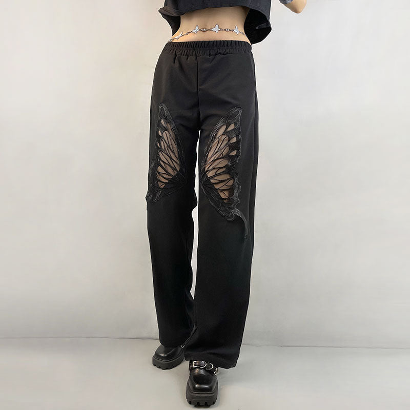 Honet - Low Waist Butterfly & Lettering Print Straight-Fit Cargo Pants