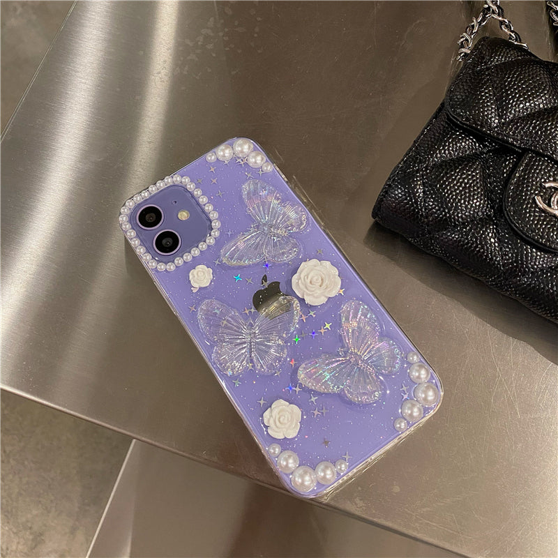 Clear iPhone case with kawaii sparkles cute iridescent 3D butterflies white rose charms pearl embellishments