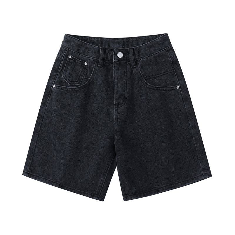 basic black mid length denim shorts