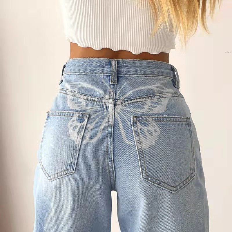 90s y2k light blue butterfly tattoo baggy denim jeans