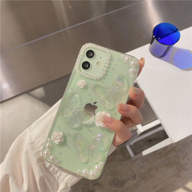 Clear iPhone case with kawaii sparkles cute iridescent 3D butterflies white rose charms pearl embellishments