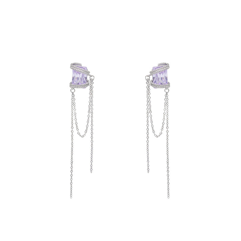 elegant purple crystal silver chains earrings