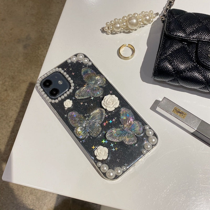 Clear iPhone case with kawaii sparkles cute iridescent 3D butterflies white rose charms pearl embellishments