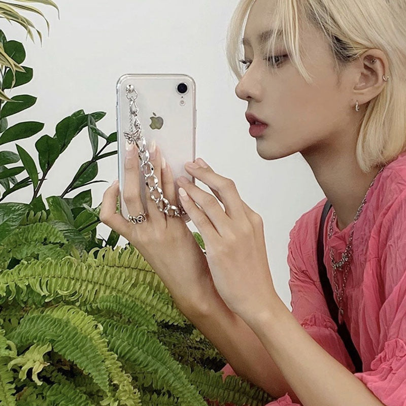 silver butterfly chain phone grip case cool girl