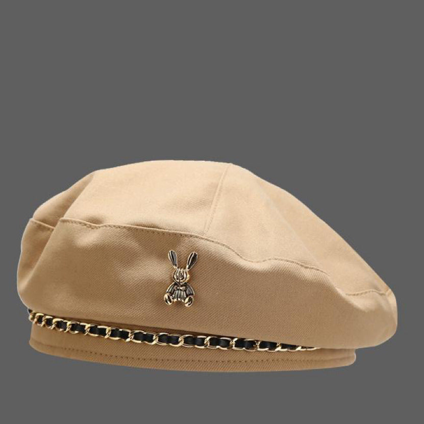korean brown rabbit chain beret