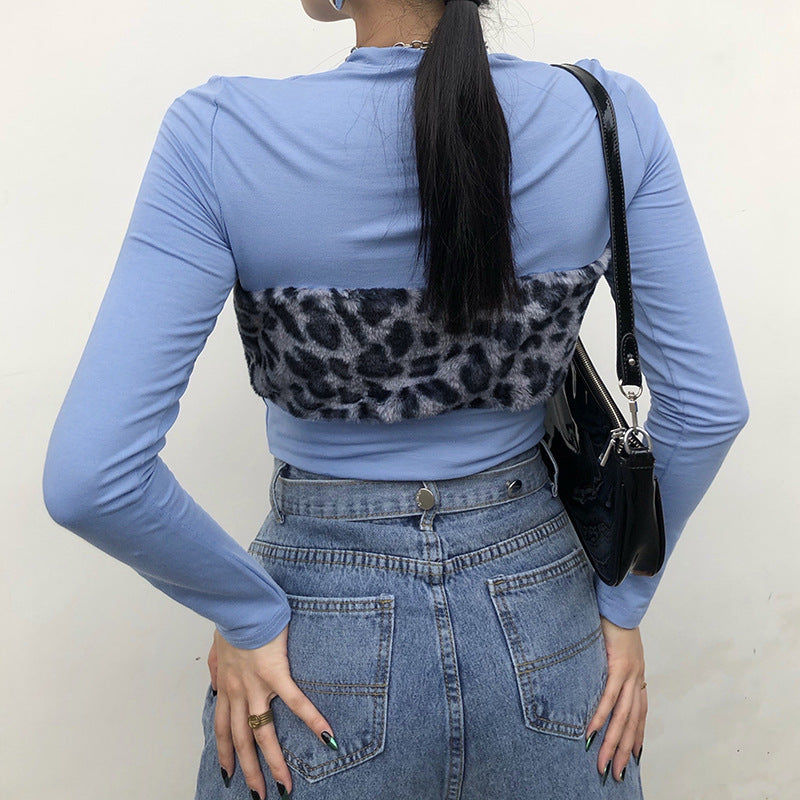 blue faux fur leopard crop top