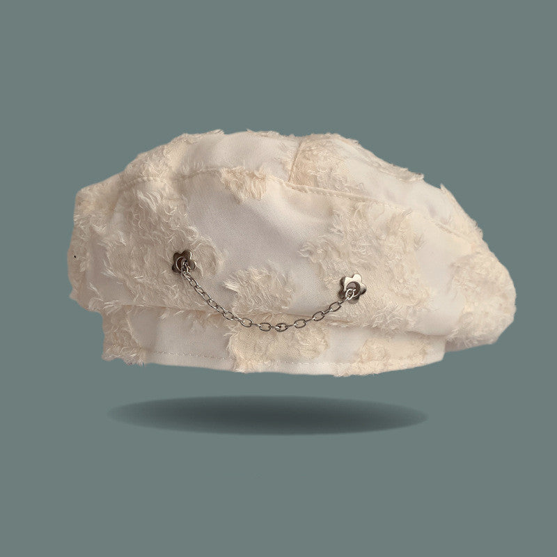 beige distressed frayed flower chain beret