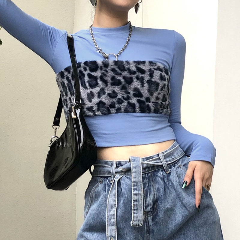 chic blue faux fur leopard crop top