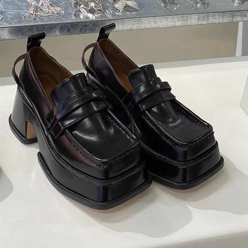 grunge black square toe chunky platform loafers