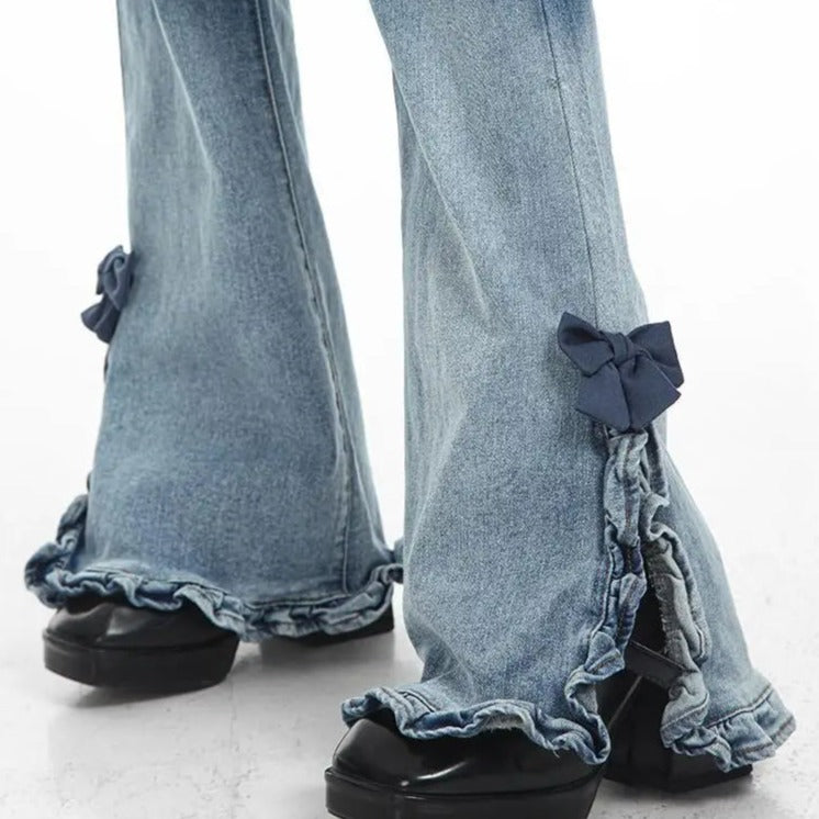 flared ruffle blue denim jeans with bow in coquette style