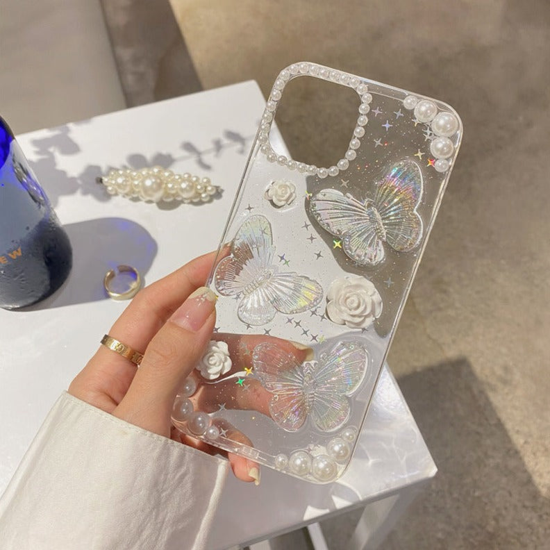 Clear iPhone case with sparkles cute iridescent 3D butterflies white rose charms pearl embellishments