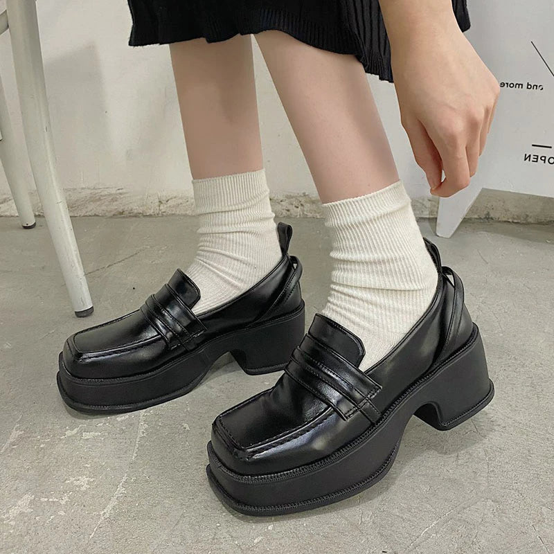 dark academia aesthetic black square toe chunky platform loafers