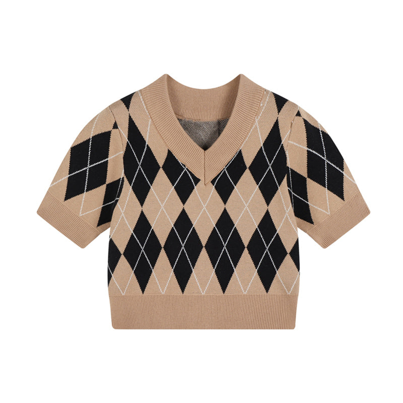 brown and black argyle cropped sweater knit top