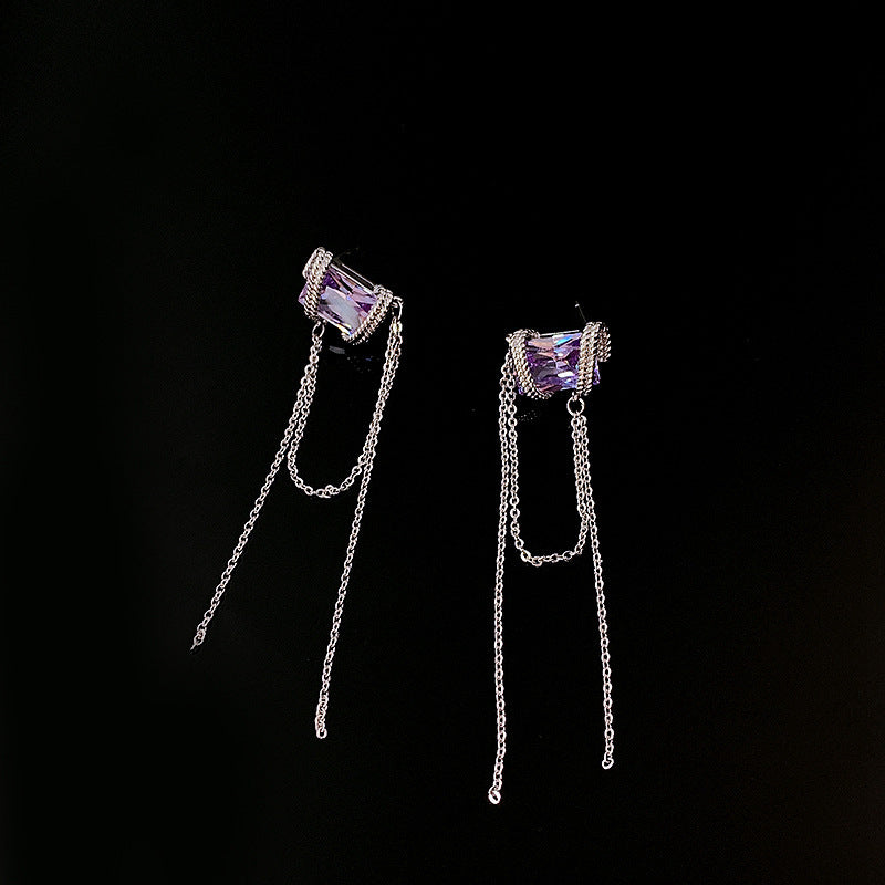 elegant purple crystal silver chains earrings